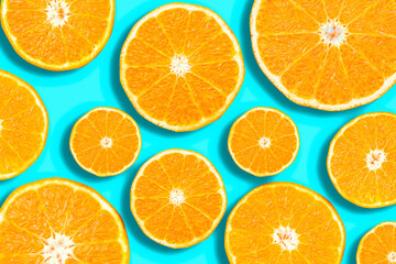 orange slice, isolated on blue background full depth of field.