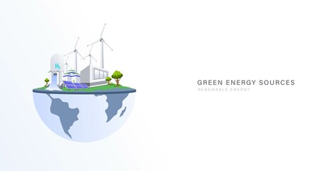 Green energy power plant with many clean source on earth concept vector illustration. Ecology friendly and sustainable development for save the world concept design.