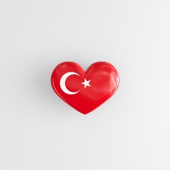 Heart shaped badge with the flag of Turkey as a symbol of patriotism and pride in one's country. State symbol of Turkey on a glossy badge. 3D rendering