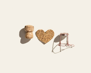 Champagne cork and heart on beige background with hard light, shadows at sunlight. Summer drinks concept, bottle cap from sparkling wine and pink metal wire muselet, minimal flat lay.