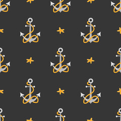 Seamless pattern with pirate anchor on dark background. Childish vector illustration in flat cartoon style. Hand drawn fabric design or package paper.