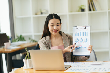 Business woman giving online presentation discuss financial report talking make conference video...