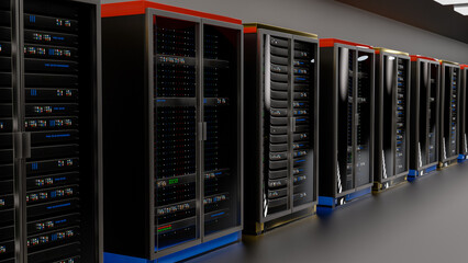 Servers. Servers room data center. Backup, mining, hosting, mainframe, farm and computer rack with storage information. 3d rendering