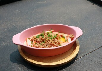 top view simple breakfast Isan style pan egg topped with Thai name 