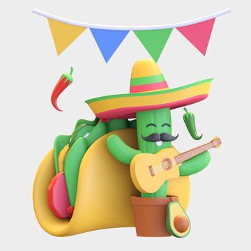 Cactus Playing Guitar With Taco 3d Illustration Render