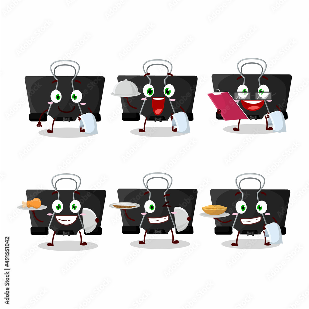 Poster happy binder clip waiter cartoon character holding a plate