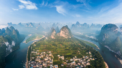 Aerial view of Lijiang River Scenic Area in Guilin, China. It is a World Natural Heritage site and...