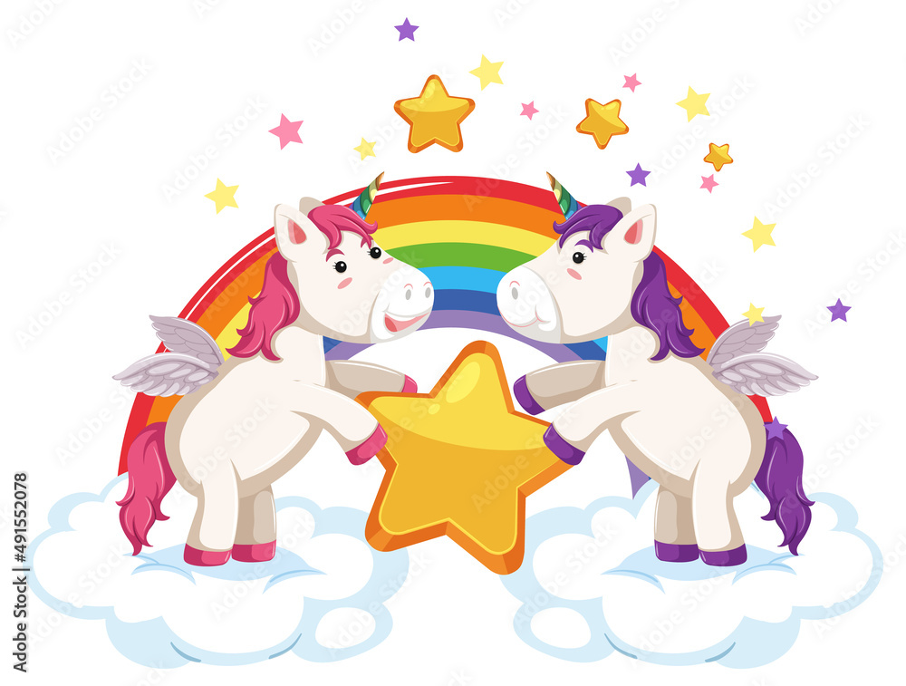 Canvas Prints Two cute unicorns holding a star together