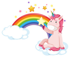 Pink unicorn sitting on a cloud with rainbow