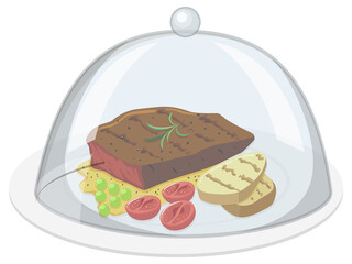 Beef steak and potato on the plate with glass cover on white background