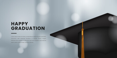 3d realistic graduation cap for graduation party celebration with white elegant modern banner