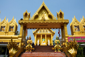 Ancient architecture antique building ubosot church of Wat Chaiyasitthawat buddhist temple for thai people travel visit respect praying buddha at Pathumthani on March 5, 2022 in Pathum Thani, Thailand