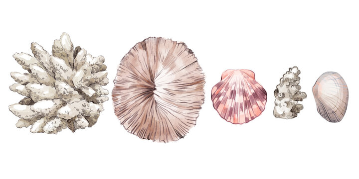 Watercolor hand drawn nautical set with illustration of corals seashells isolated on white background. Graphic details. Marine blue underwater elements design. Print for greeting card, wallpaper