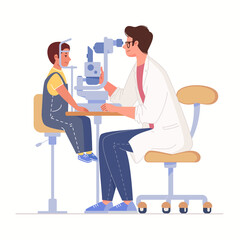 Ophthalmological clinic. Ophthalmologist checks child's vision using medical equipment. Vector characters flat cartoon illustration.