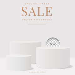 White cylinder podium, three steps minimal style on white room. Concept of design for product display. Vector illustration
