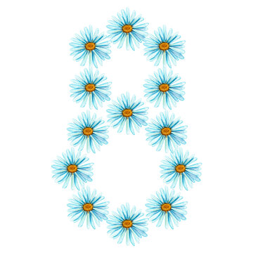 Number eight, made of daisy flowers. Painted in watercolor, isolated on a white background.