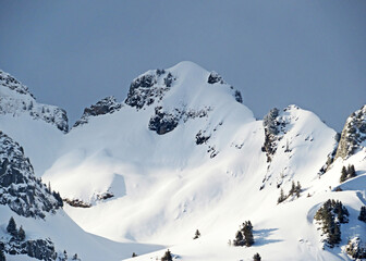 Snow-capped alpine peak Schwarzchopf (1949 m) in Alpstein mountain range and in Appenzell Alps massif, Unterwasser - Canton of St. Gallen, Switzerland (Schweiz)