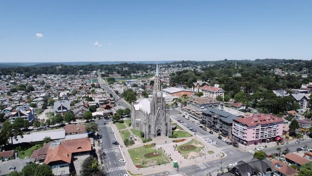 Aerial view of Canela, Rio Grande do Sul, Brazil. Church Matriz de Nossa Senhora de Lourdes.