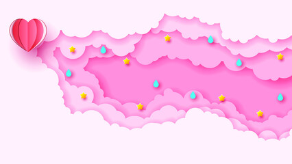 Abstract Sky Hearts Balloons 14 February Love Paper Cut Pink Background With Clouds And Stars Vector Design Style Nature