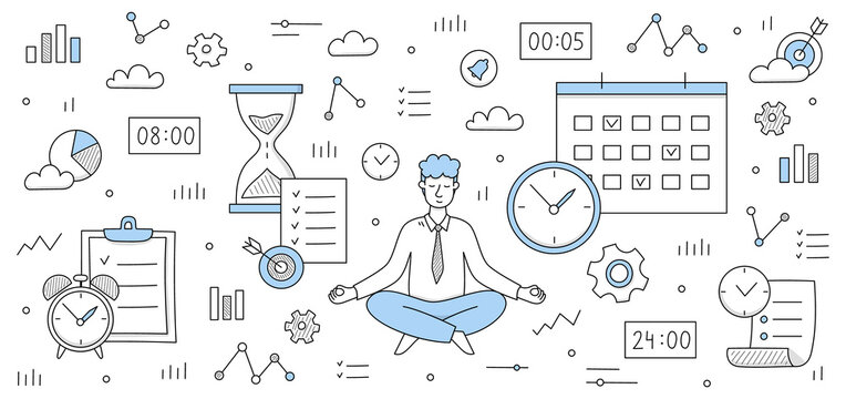 Time management concept with man meditate in yoga pose and icons of clock, gear, target and calendar. Vector doodle illustration of businessman relax and signs of watch, hourglass and graph icons