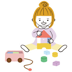 線画カラーイラスト 子供　積み木で遊ぶ