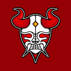 illustration of a red and white demon mask with red horns, and white fangs. suitable for mascot, logo or t-shirt design