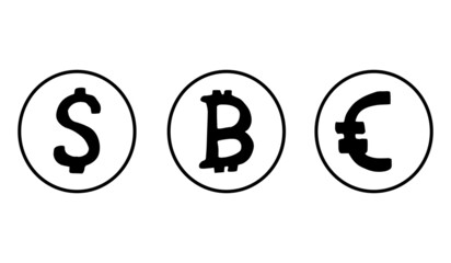 set of coins with dollar, euro and bitcoin symbols hand drawn in doodle style. vector, line art, nordic, scandinavian, minimalism, monochrome. icon, sticker. money.