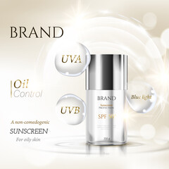 Sunscreen ads on beautiful gold white and tropical plants decorations in 3d illustration.