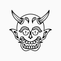 scary demonic head illustration with line art style. black and white. suitable for logo, mascot, symbol, coloring and t-shirt design