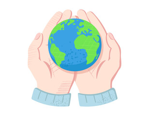 両手で地球を守るイラスト　白背景にベクターのクリップアート