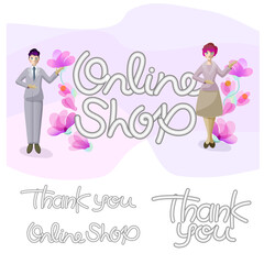 Female clerk and male clerk standing with one hand raised on the top screen of the online shop. 