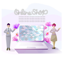 Vector illustration for online shop screen. A female clerk and a male clerk stand with one hand raised next to the computer and stood 