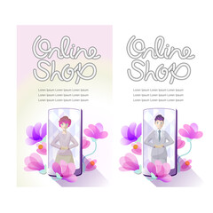 Female clerk and male clerk in suit on smartphone screen. 