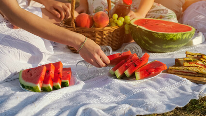 Woman in white dress hand takes slice of watermelon sitting on blanket with family during picnic on sunny summer day extreme close view