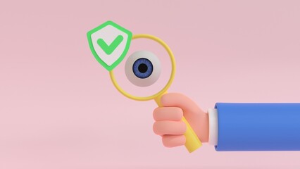 Eyecheck concept. Cartoon human hand in front of an eye holding magnifying glass. 3d render illustration