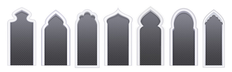 Islamic or arabic windows, doors, arched portals of oriental muslim mosque, castle or palace. Ramadan Eid frames, interior or exterior architecture arches design elements, Realistic 3d vector set
