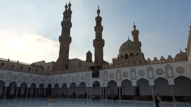 Courtyard of Al-Azhar Mosque, Cairo city in Egypt. Tilt up