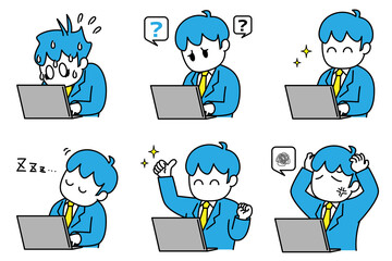 男性　会社員　ビジネス　パソコン　悩み　イラストセット