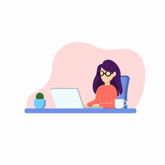 Illustration of woman working with computer. Flat design