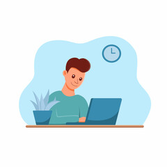 Illustration of man working with computer. Flat design