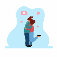 Flat cartoon character couple. Women and Men Fall in Love. Couple Hug.Romantic Relationship