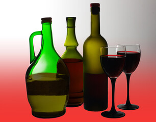 Two glasses with red wine, bottles of wine on gradient red background.
