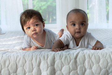 Two happy different skin color baby  4-5 months old crawling on white bed, and interact, and looking at someone