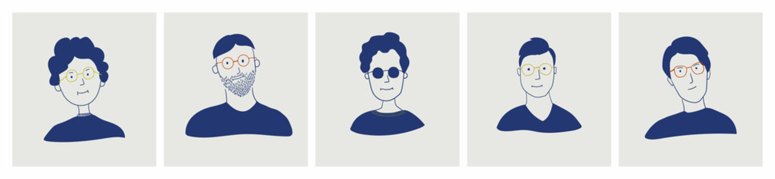 set of hand rawn faces of man in glasses (vector, editable) 
