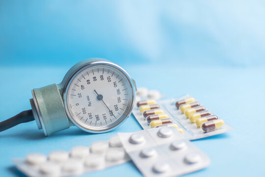 Blood Pressure Medication, Cuff, And Stethoscope.