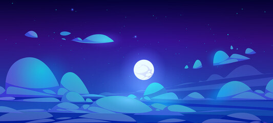 Obraz premium Night sky above clouds with full moon and stars on blue background. Vector cartoon illustration of fluffy cloudy panorama in moonlight. Peaceful atmosphere landscape at midnight