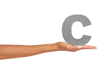 C what I did there.... A young woman holding a capital letter C isolated on a white background.