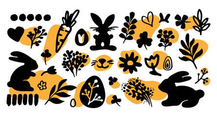 Vector Easter doodle set with cute bunnies, chickens, flowers and eggs. Design elements and characters in cartoon style. Vector illustration.