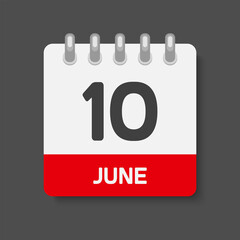 Icon day date 10 June, template calendar page