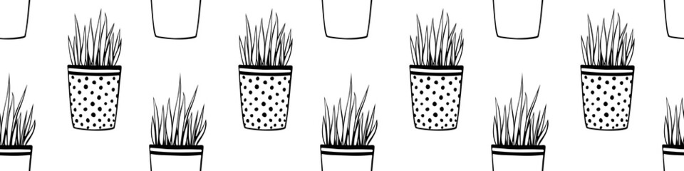 Vector seamless pattern of flower pots with decorative grass, plant. Cute texture in cartoon doodle style, isolated. Home decoration theme